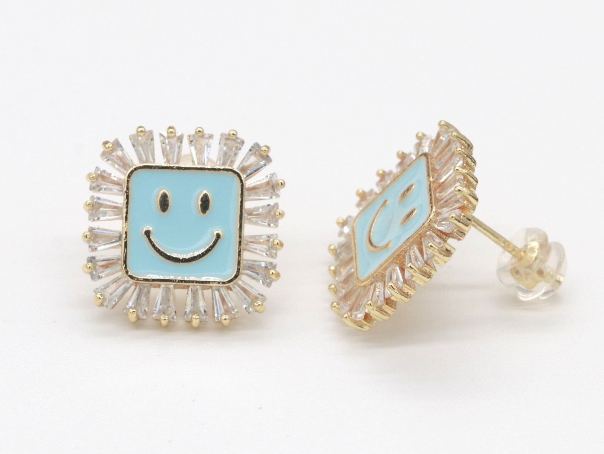 1 pair Dainty Happy face Square stud earrings, gold Enamel smile stud, smiley earrings, kawaii Cute earring emoji earrings korean earring - DLUXCA