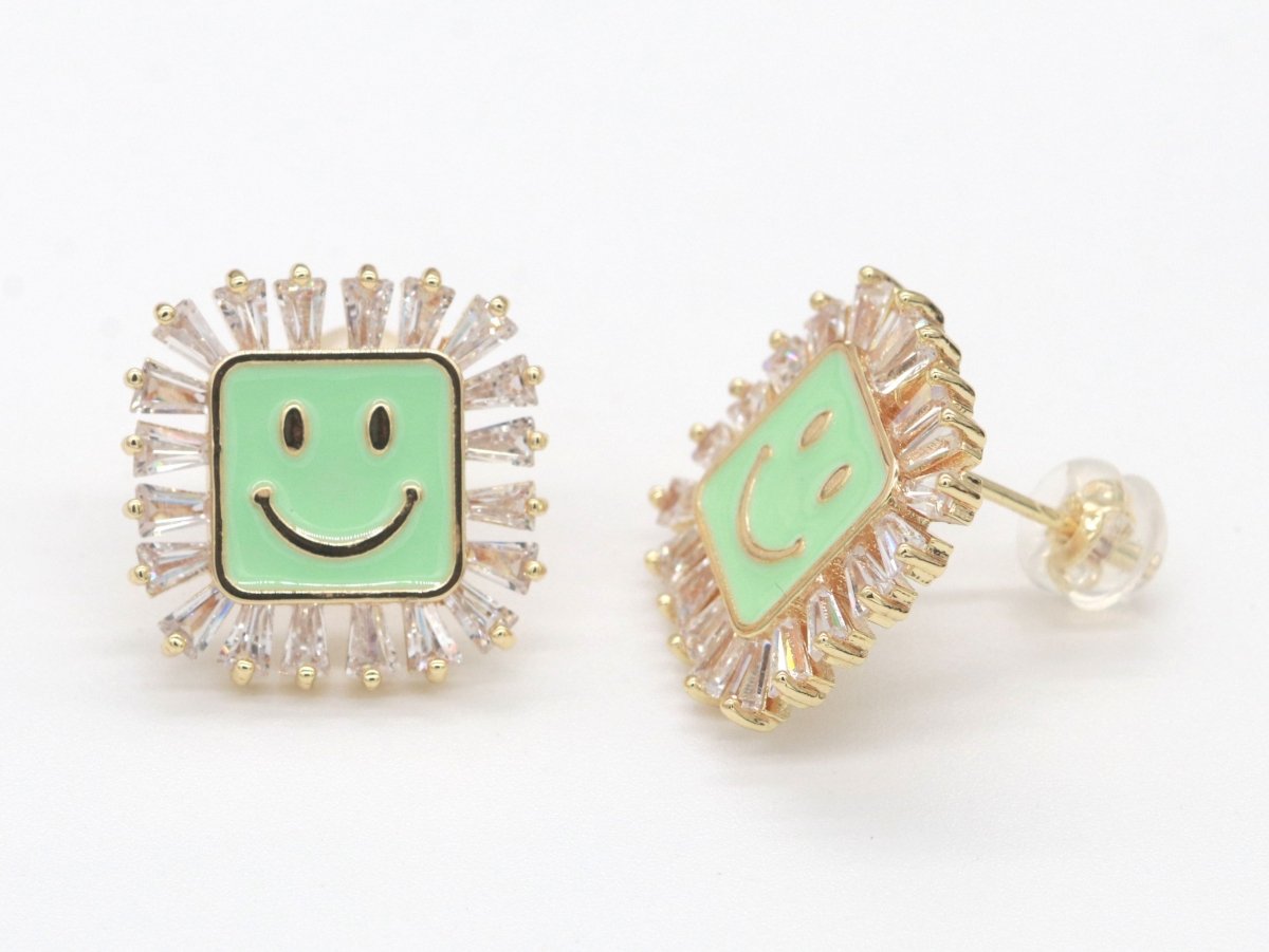 1 pair Dainty Happy face Square stud earrings, gold Enamel smile stud, smiley earrings, kawaii Cute earring emoji earrings korean earring - DLUXCA