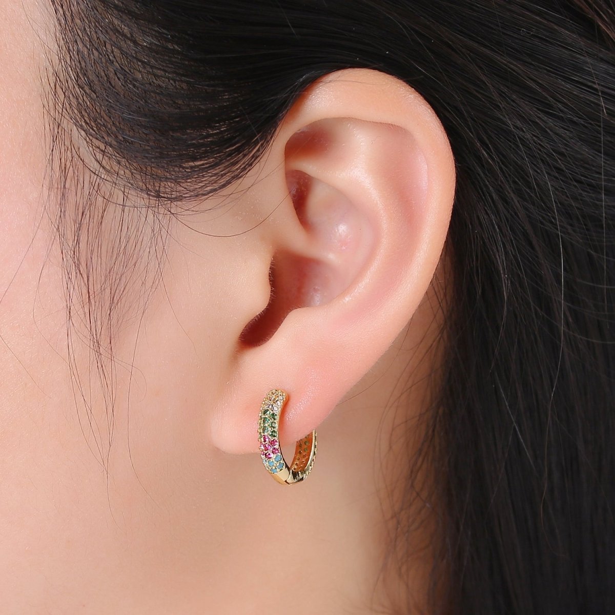 1 pair Hoops - Black, Blue, Clear, Red, Green, Multi-color Zirconia or Teal Gold CZ earrings - 24K Gold Huggie hoops EARRING-1412 - 1418 Q-434 - Q-440 - DLUXCA