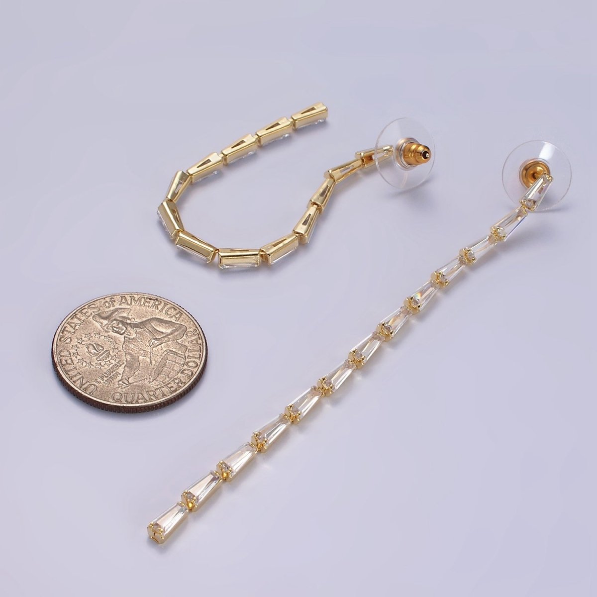 100mm Clear Baguette CZ Linear Drop Stud Earrings in Gold & Silver | AE289 AE290 - DLUXCA