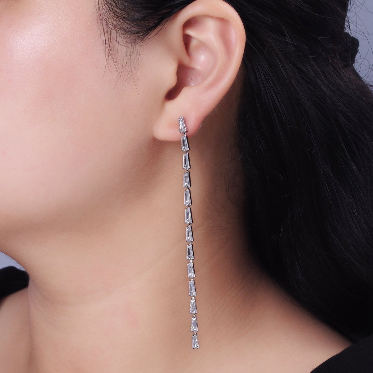 100mm Clear Baguette CZ Linear Drop Stud Earrings in Gold & Silver | AE289 AE290 - DLUXCA