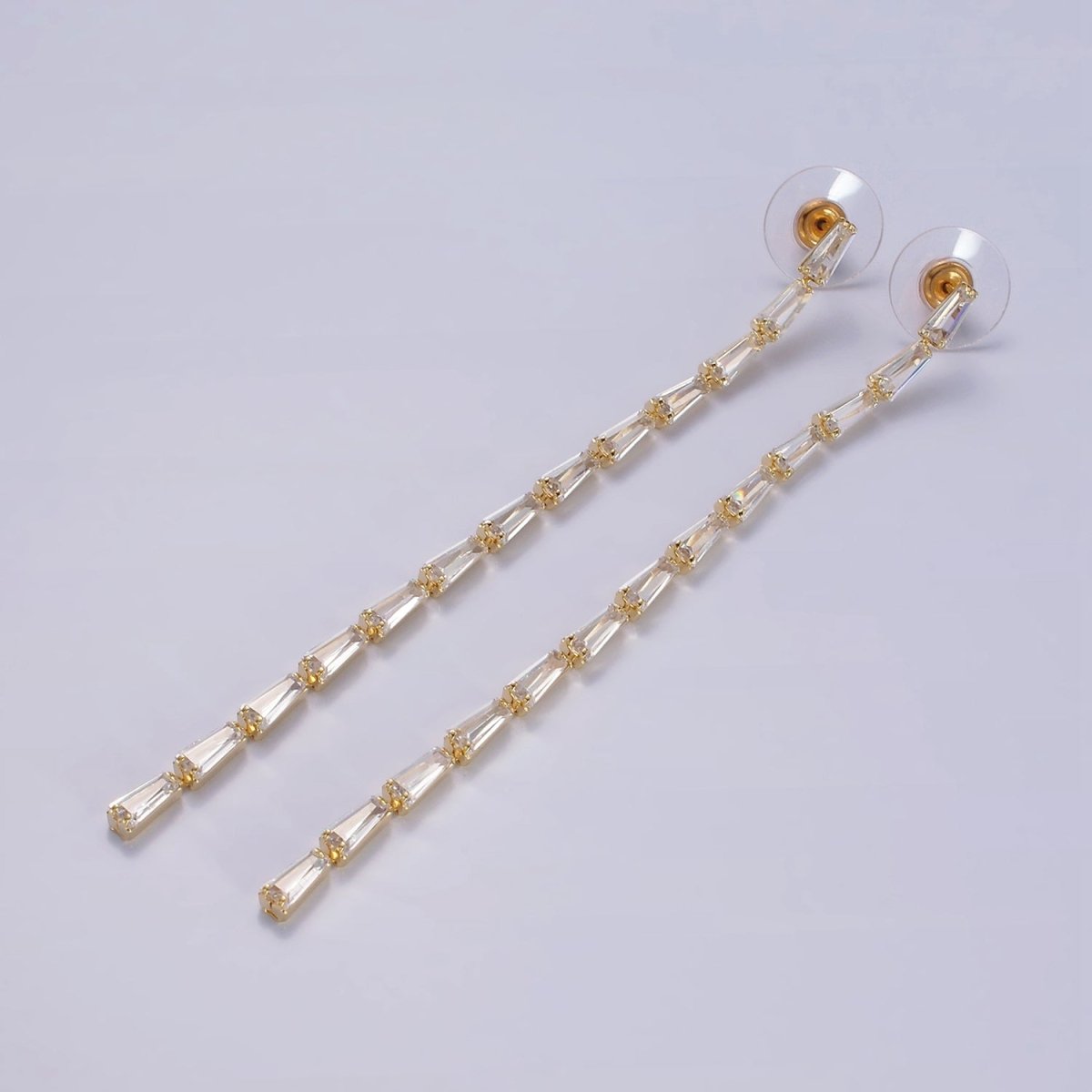 100mm Clear Baguette CZ Linear Drop Stud Earrings in Gold & Silver | AE289 AE290 - DLUXCA