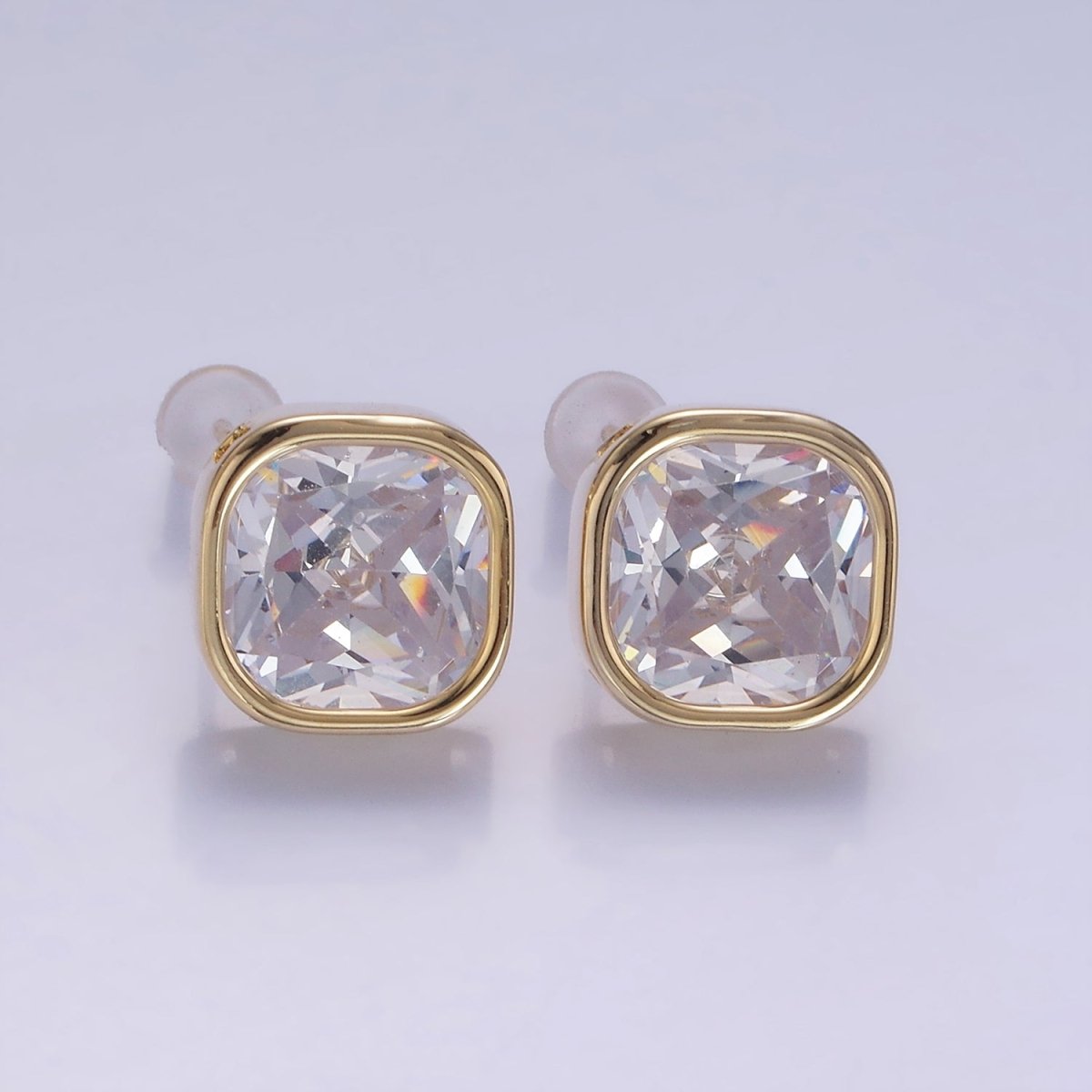 10mm Clear CZ Square Bezel Stud Earrings in Gold & Silver | V514 V515 - DLUXCA