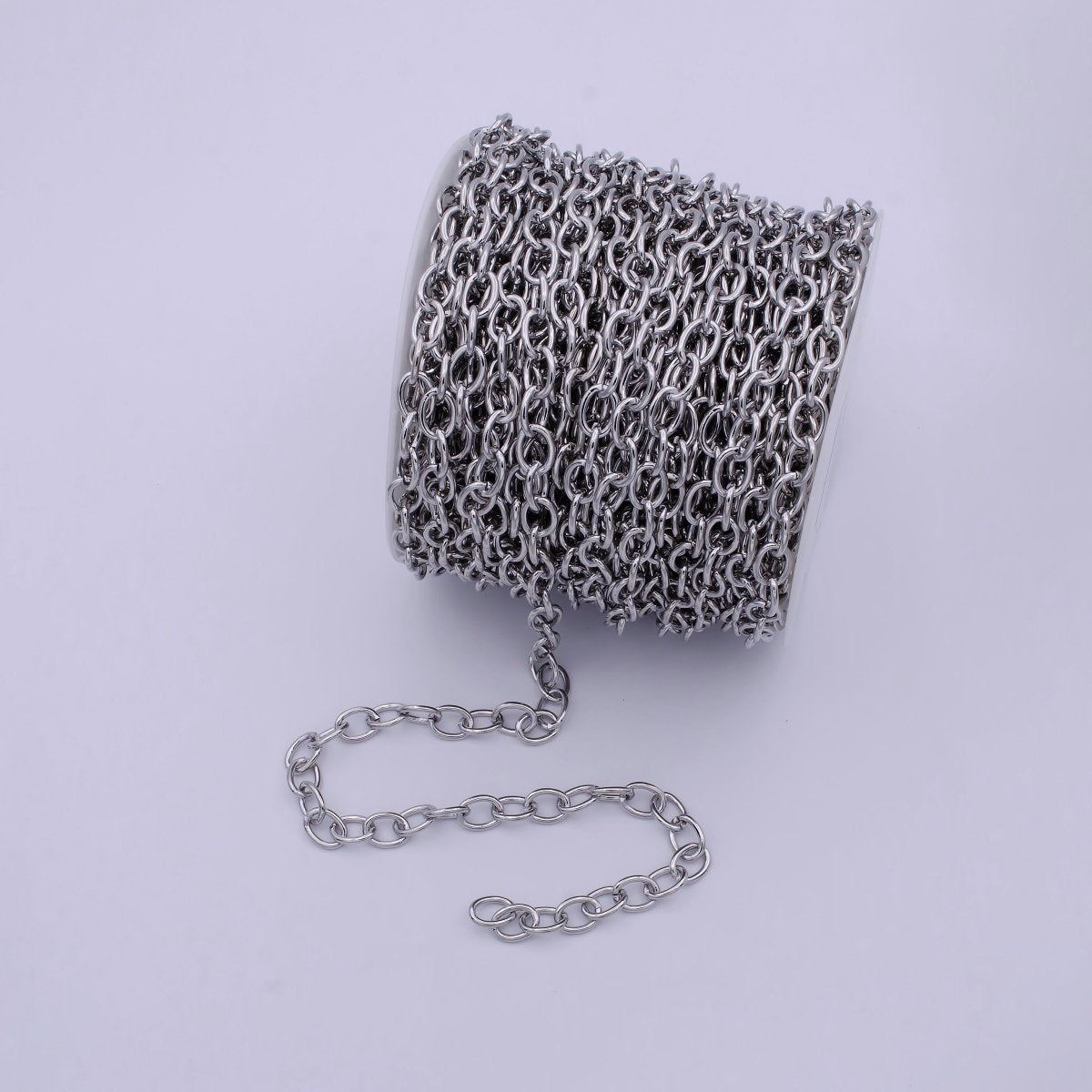 10X7.5mm ROLO Cable Unfinished Chain For Jewelry Making, Rhodium Plated Wholesale Bulk Roll Chain, Silver Jewelry Supply Component | ROLL-714 Clearance Pricing - DLUXCA