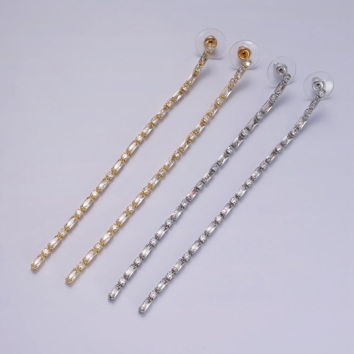 115mm Clear CZ Round Baguette Linear Drop Stud Earrings in Gold & Silver | AE283 AE284 - DLUXCA