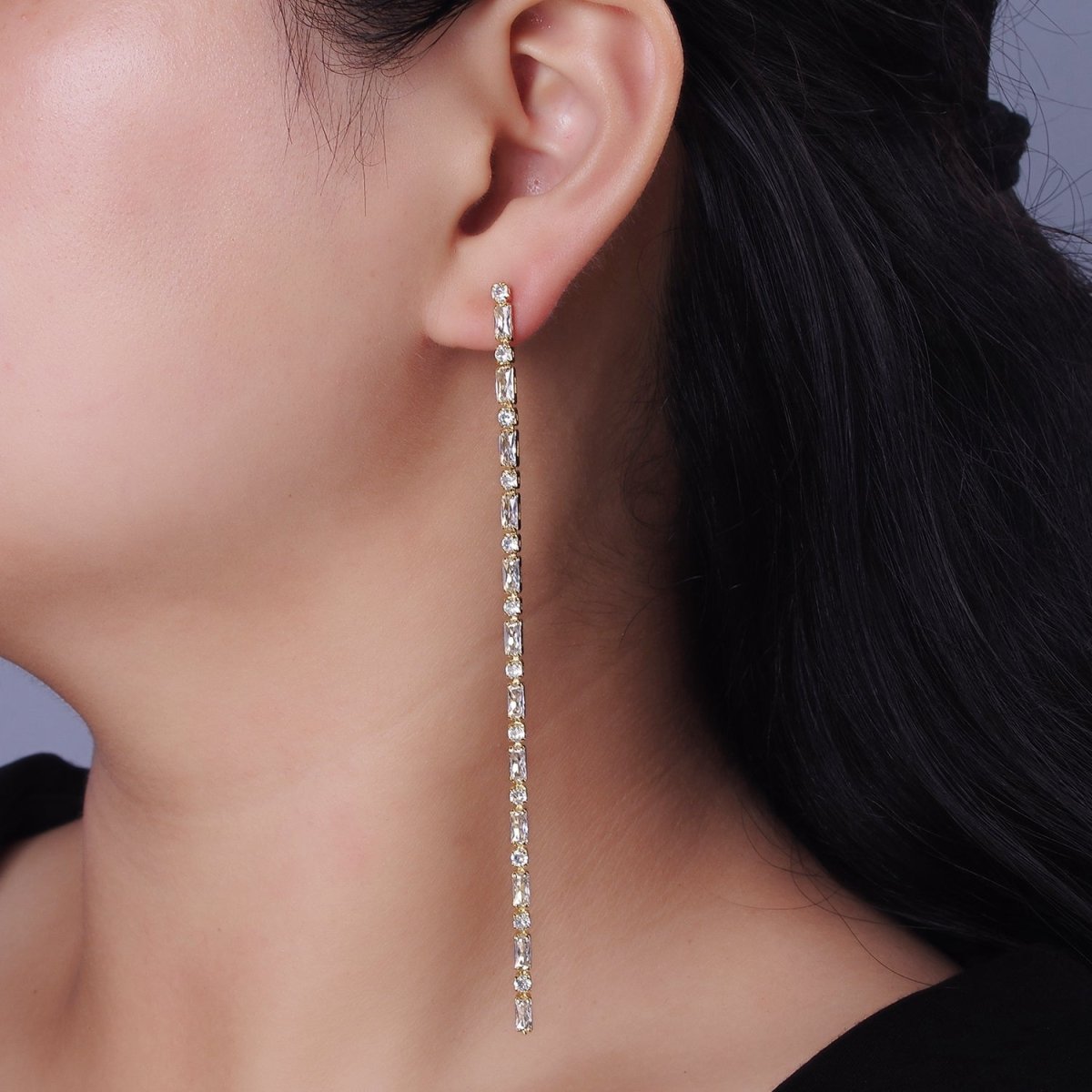 115mm Clear CZ Round Baguette Linear Drop Stud Earrings in Gold & Silver | AE283 AE284 - DLUXCA
