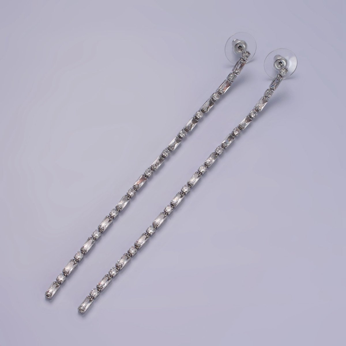 115mm Clear CZ Round Baguette Linear Drop Stud Earrings in Gold & Silver | AE283 AE284 - DLUXCA