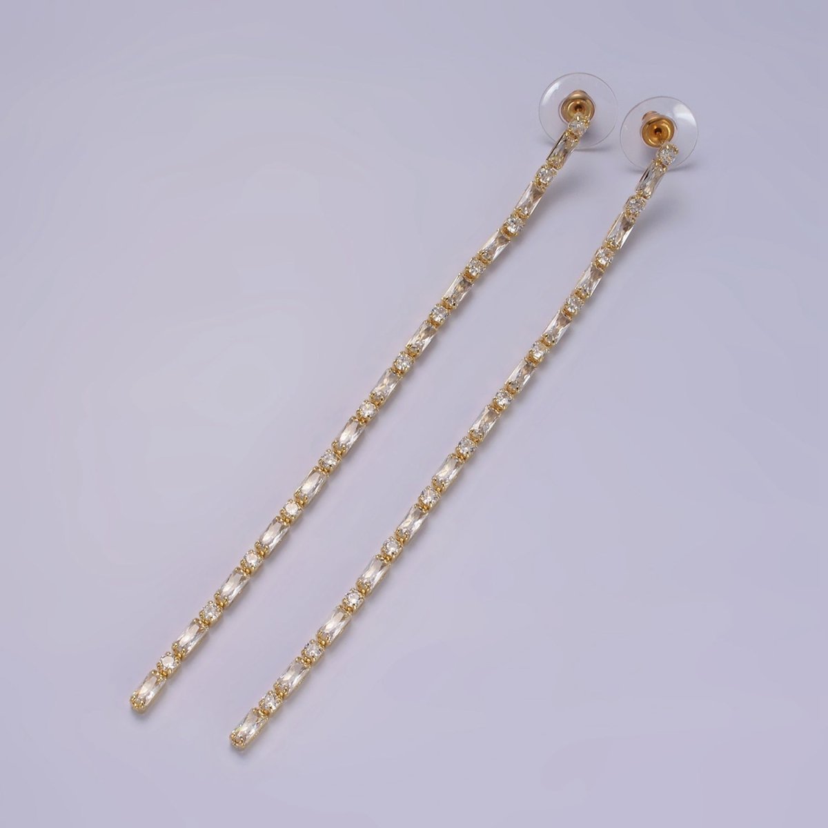 115mm Clear CZ Round Baguette Linear Drop Stud Earrings in Gold & Silver | AE283 AE284 - DLUXCA