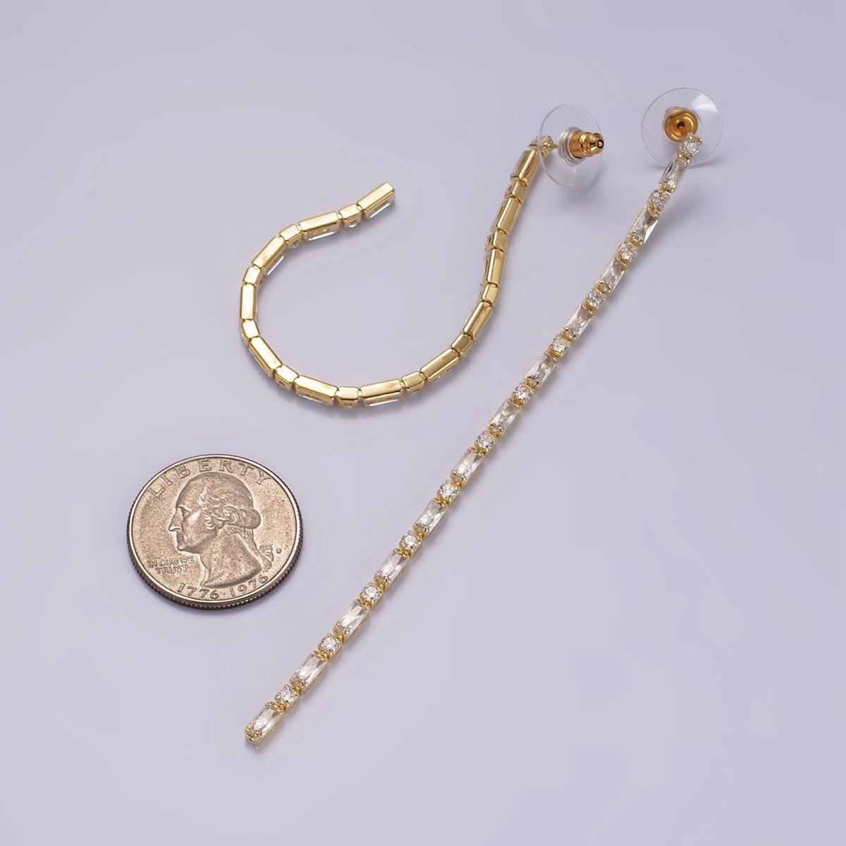 115mm Clear CZ Round Baguette Linear Drop Stud Earrings in Gold & Silver | AE283 AE284 - DLUXCA