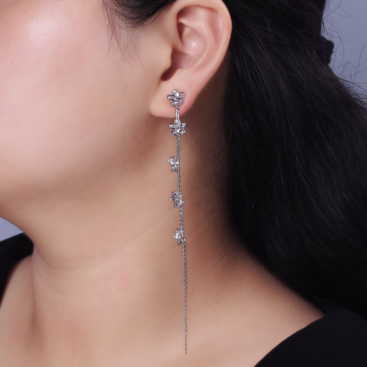 115mm Multiple Clear CZ Flower Double Linear Drop Stud Earrings in Gold & Silver | AE279 AE280 - DLUXCA