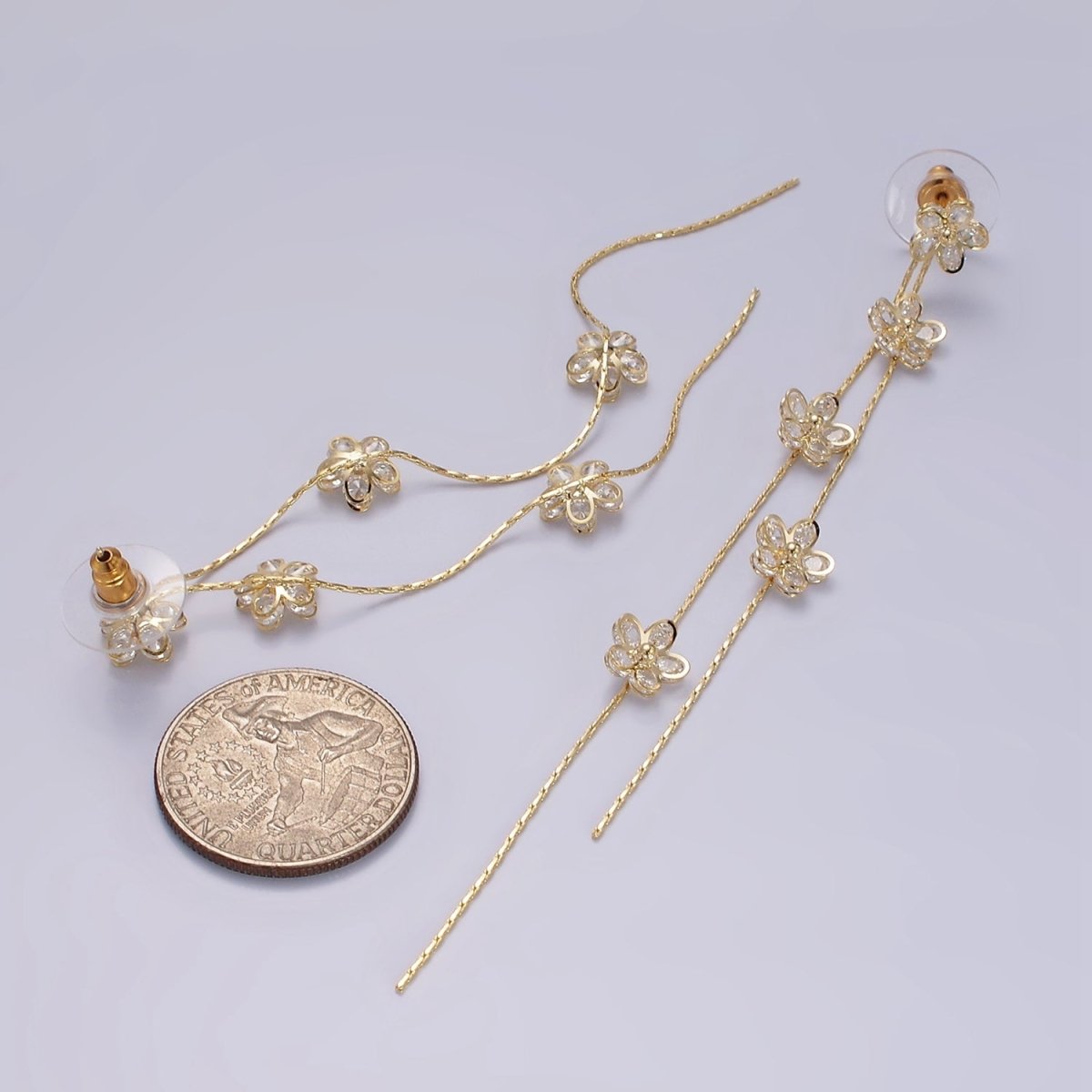 115mm Multiple Clear CZ Flower Double Linear Drop Stud Earrings in Gold & Silver | AE279 AE280 - DLUXCA