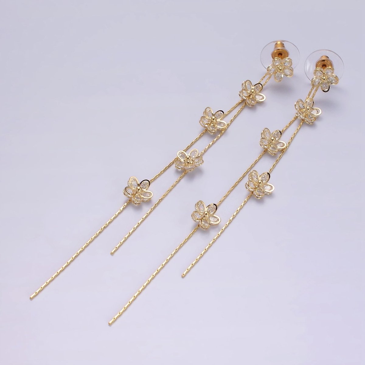 115mm Multiple Clear CZ Flower Double Linear Drop Stud Earrings in Gold & Silver | AE279 AE280 - DLUXCA