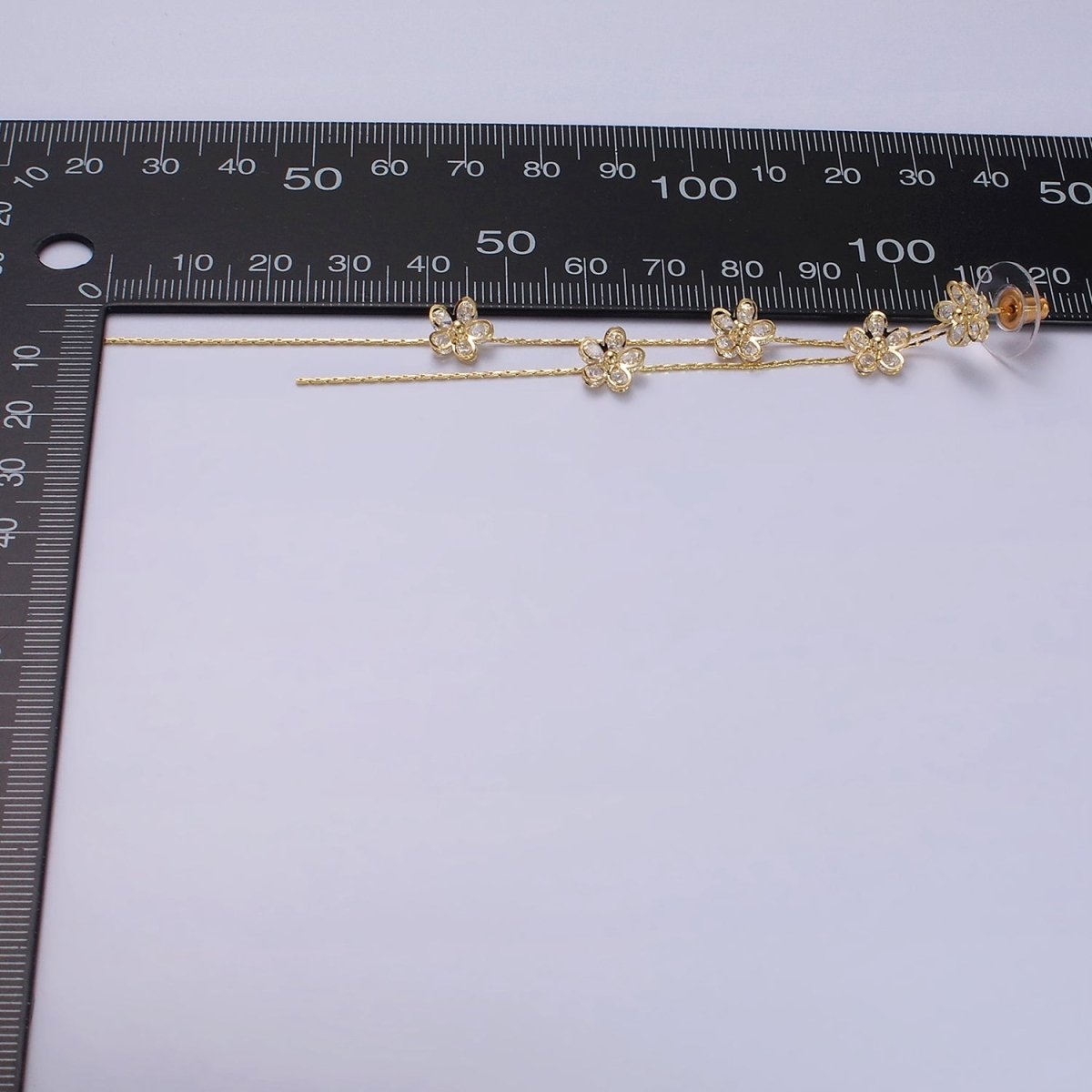 115mm Multiple Clear CZ Flower Double Linear Drop Stud Earrings in Gold & Silver | AE279 AE280 - DLUXCA