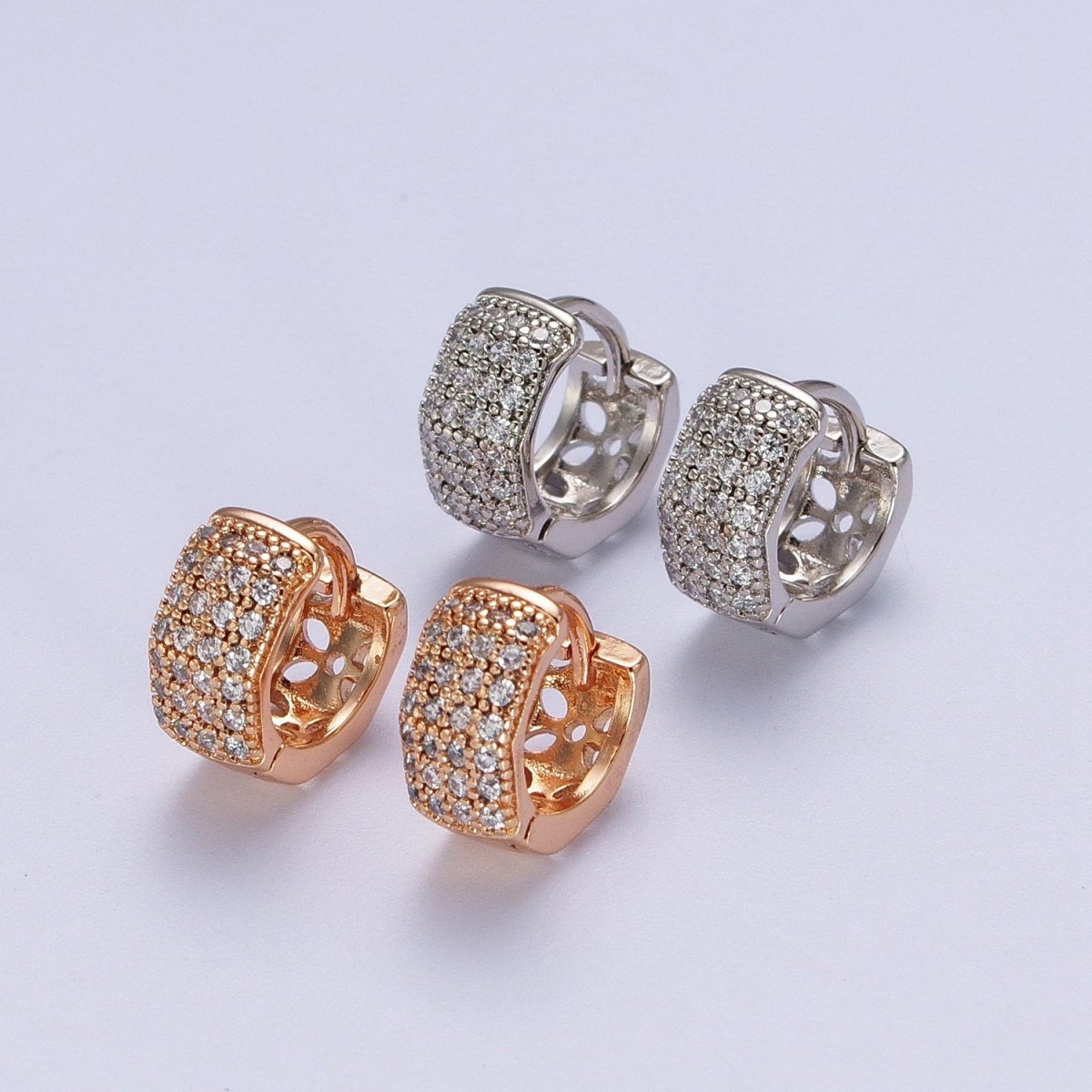 11mm Wide Hexagonal Clear Micro Paved CZ Huggie Earrings in Silver & Pinky Gold P-077 AB-010 - DLUXCA