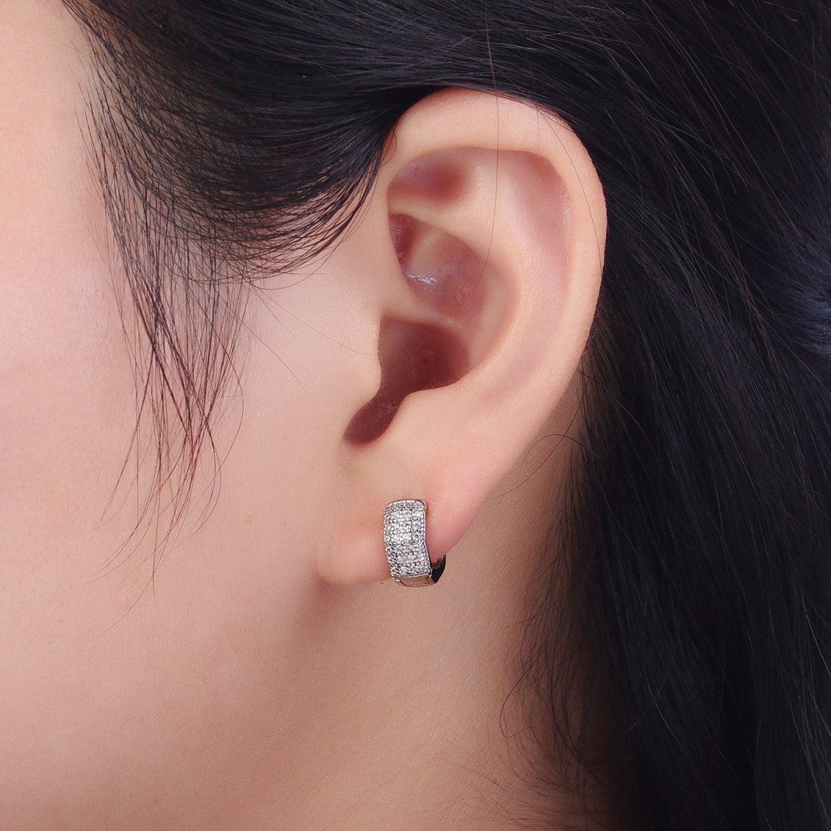 11mm Wide Hexagonal Clear Micro Paved CZ Huggie Earrings in Silver & Pinky Gold P-077 AB-010 - DLUXCA