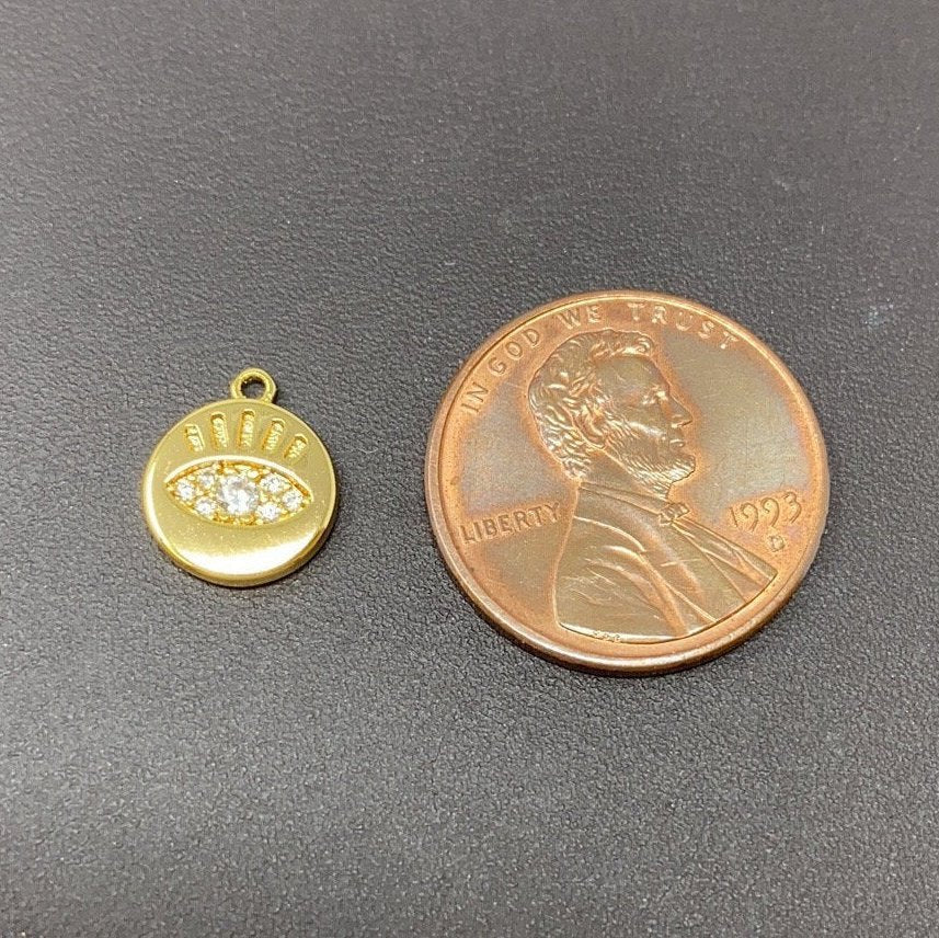 11x9mm CZ Micro Pave Charm Tiny Evil Eye Charm, 18k Gold Filled Evil Eye Charm Coin disc Charm for Bracelet Necklace Earring, K-142 - DLUXCA