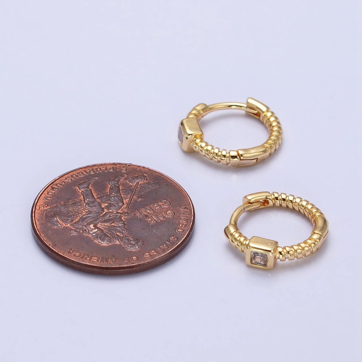 12.5mm Twisted Clear Square CZ Line Textured Huggie Earrings in Gold & Silver | AB410 AB411 - DLUXCA