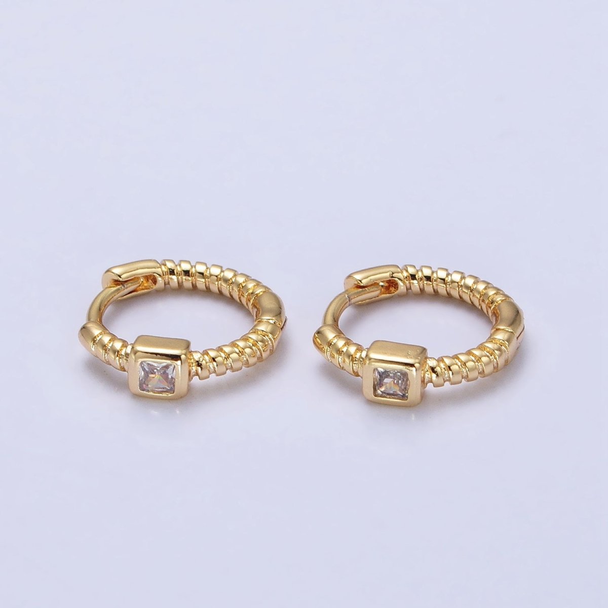 12.5mm Twisted Clear Square CZ Line Textured Huggie Earrings in Gold & Silver | AB410 AB411 - DLUXCA