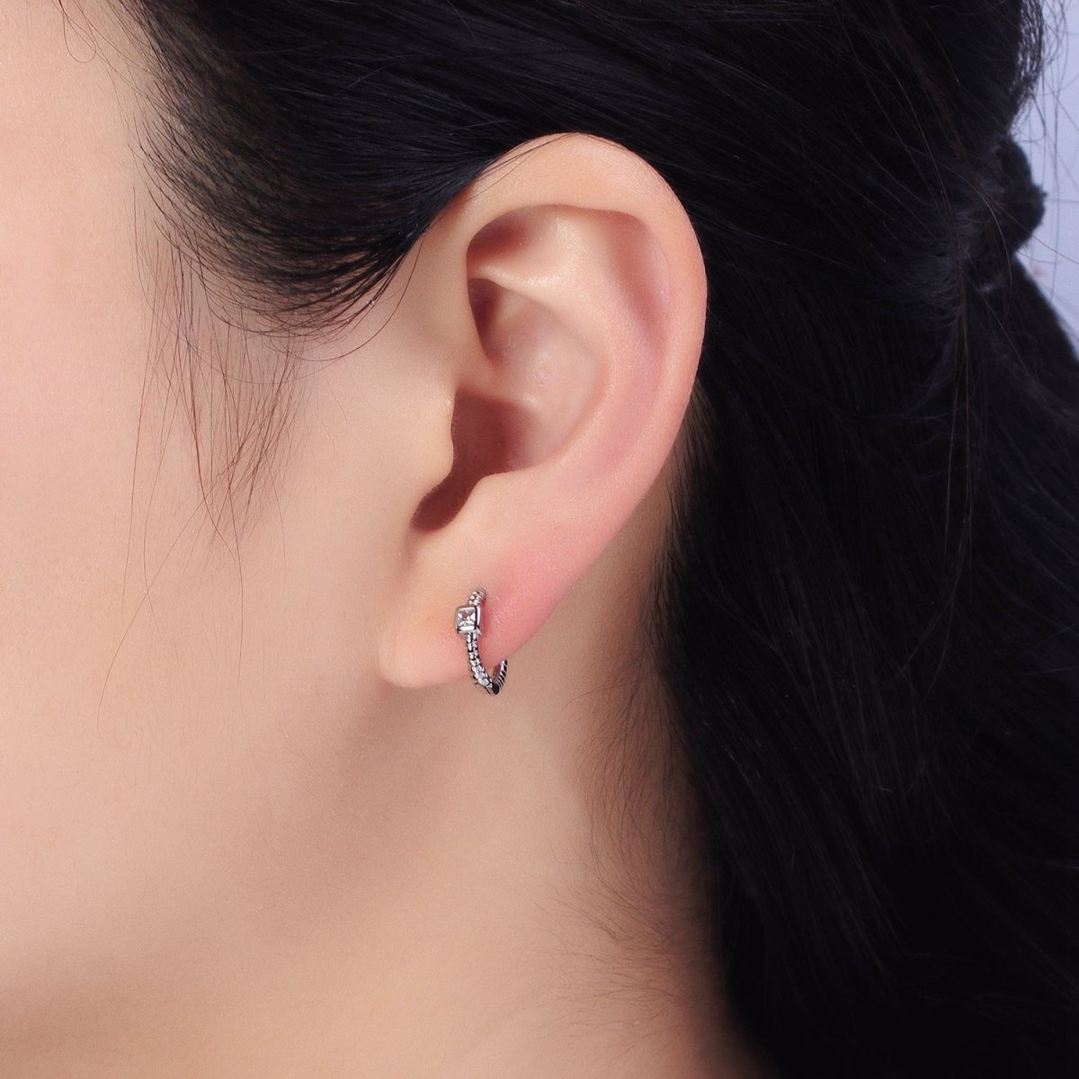 12.5mm Twisted Clear Square CZ Line Textured Huggie Earrings in Gold & Silver | AB410 AB411 - DLUXCA