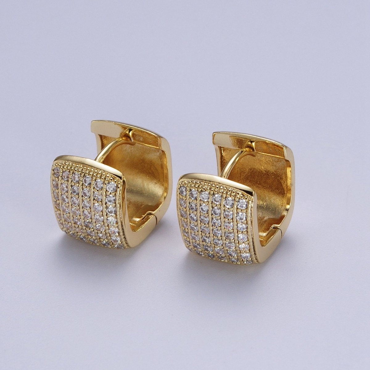 13mm Clear Micro Pave CZ Wide Boxy Huggie Hoop Earrings in Gold & Silver | V-035 V-036 - DLUXCA