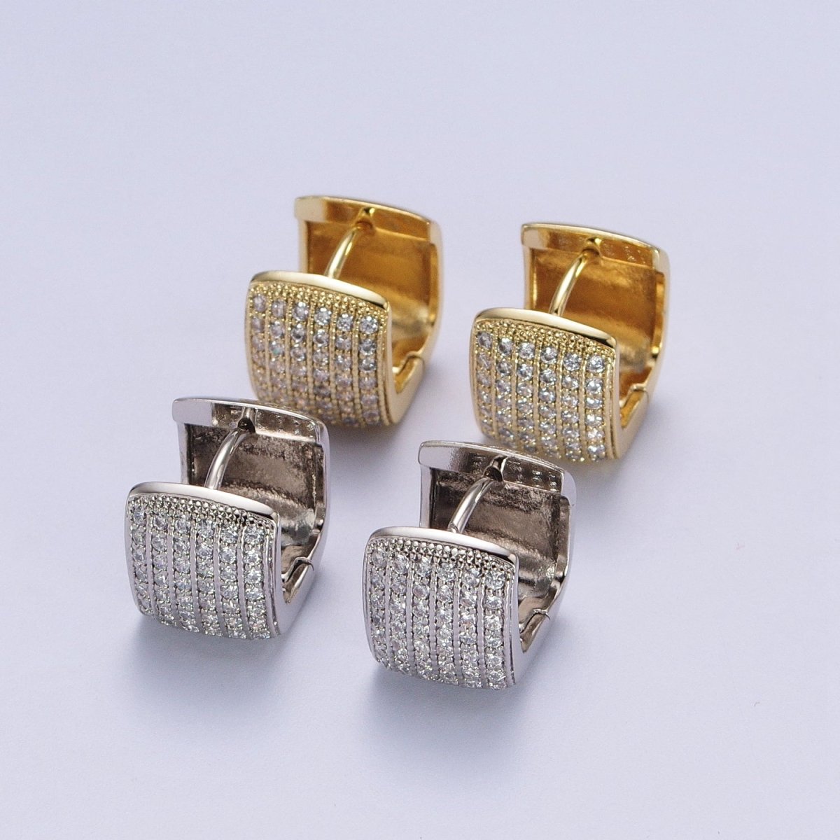 13mm Clear Micro Pave CZ Wide Boxy Huggie Hoop Earrings in Gold & Silver | V-035 V-036 - DLUXCA