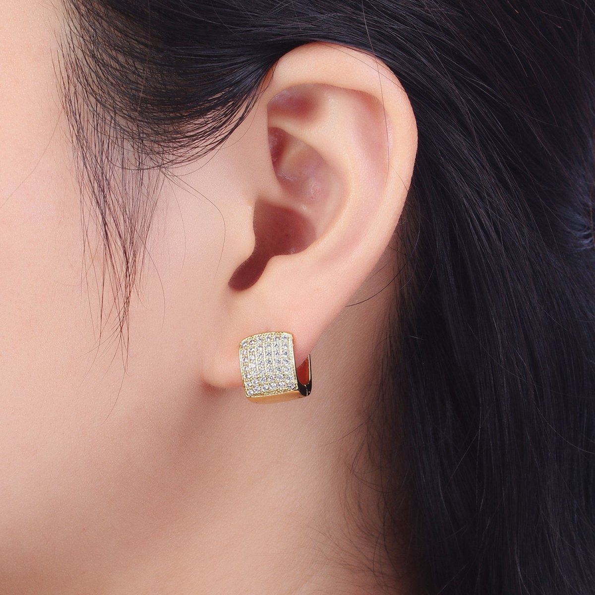 13mm Clear Micro Pave CZ Wide Boxy Huggie Hoop Earrings in Gold & Silver | V-035 V-036 - DLUXCA