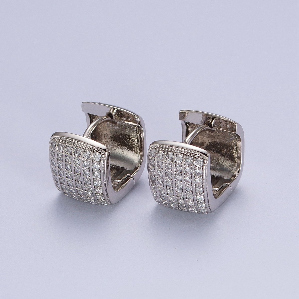 13mm Clear Micro Pave CZ Wide Boxy Huggie Hoop Earrings in Gold & Silver | V-035 V-036 - DLUXCA