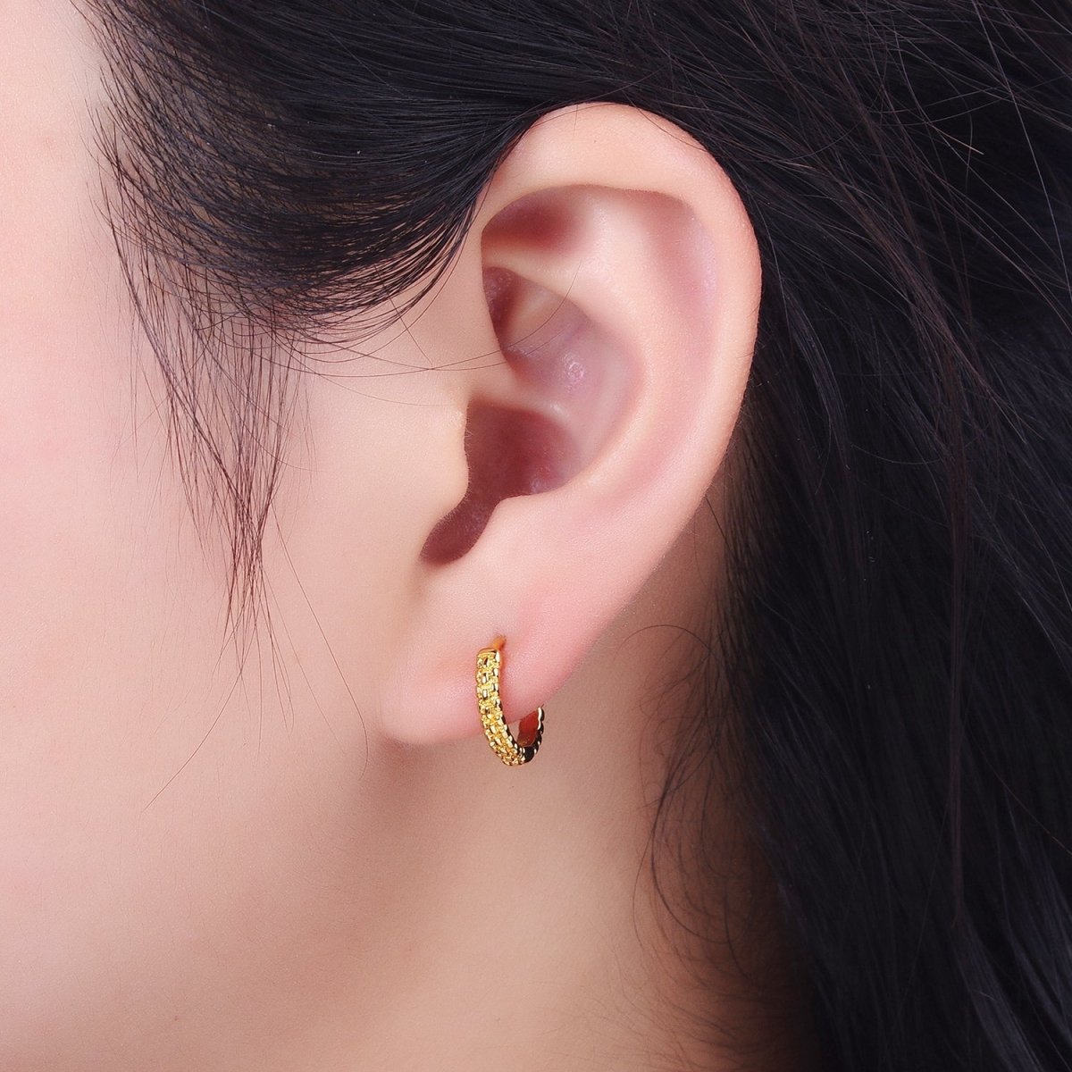 13mm Gold Textured Dotted Dainty Huggie Earrings | AB032 - DLUXCA