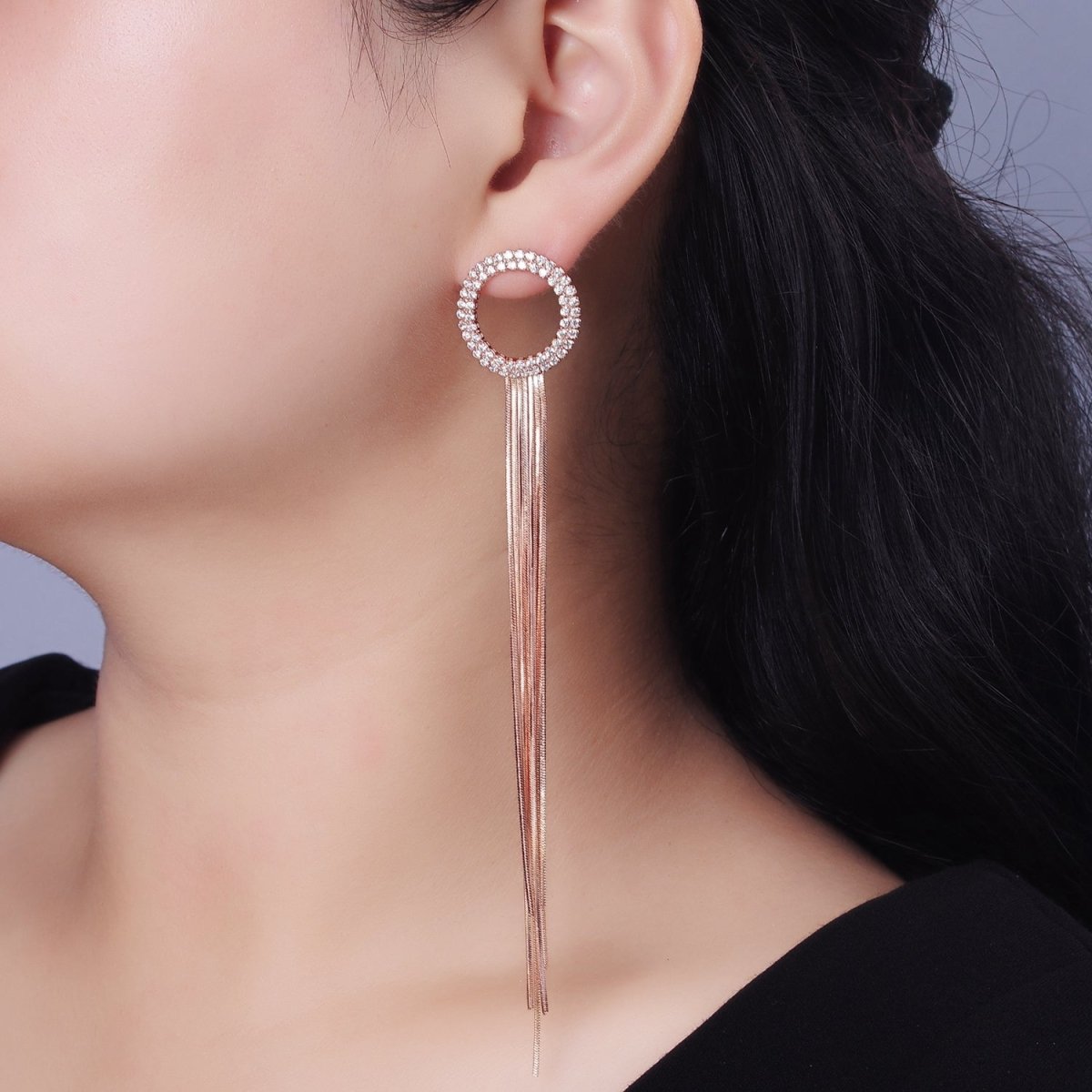 140mm Open Round Clear Micro Paved Multiple Strand Drop Stud Earrings in Silver & Rose Gold | AE925 AE926 - DLUXCA