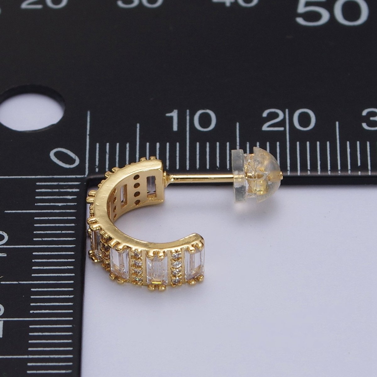 14.5mm Clear Baguette Micro Paved CZ Band C-Shaped Gold Stud Hoops Earrings | AB008 - DLUXCA