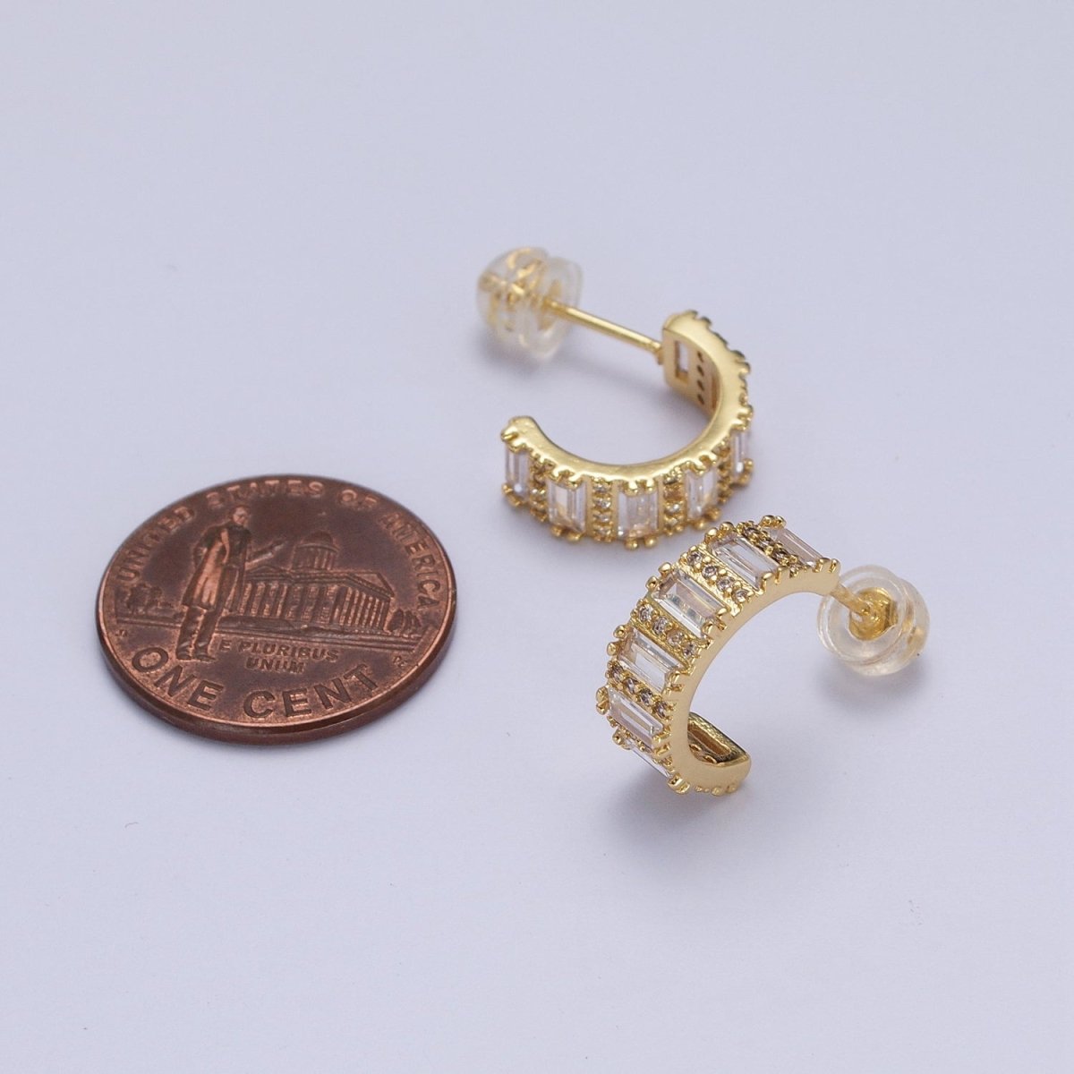 14.5mm Clear Baguette Micro Paved CZ Band C-Shaped Gold Stud Hoops Earrings | AB008 - DLUXCA