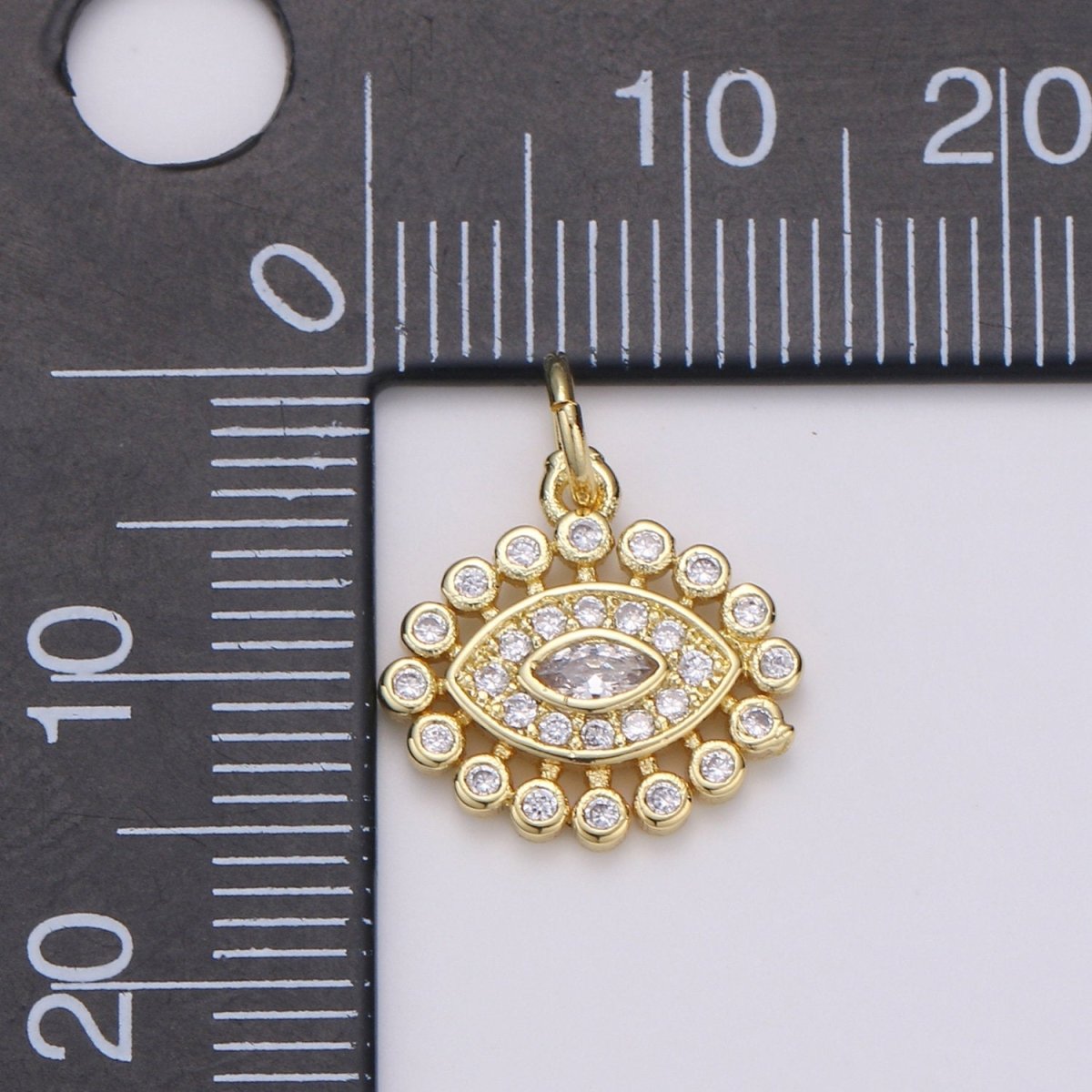 14K ClusterCubicEvil Eye Gold Filled Pendant, Micro Pave Evil Eye Charm, Clear Cubic Charms, CZGold Evil Eye Charm, Sun Burst Jewelry Supply D-223 - DLUXCA