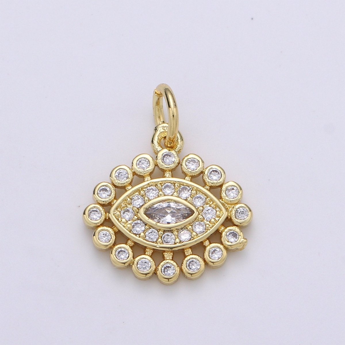 14K ClusterCubicEvil Eye Gold Filled Pendant, Micro Pave Evil Eye Charm, Clear Cubic Charms, CZGold Evil Eye Charm, Sun Burst Jewelry Supply D-223 - DLUXCA