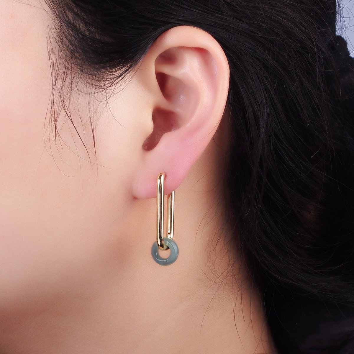 14K God Filled 35mm Jade Donut Drop Oblong Hoop Earrings | AE514 - DLUXCA