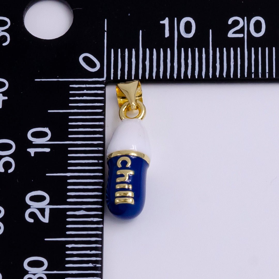 14K Gold "Chill" Script Dark Blue Enamel Oblong Pill Pendant | AA777 - DLUXCA