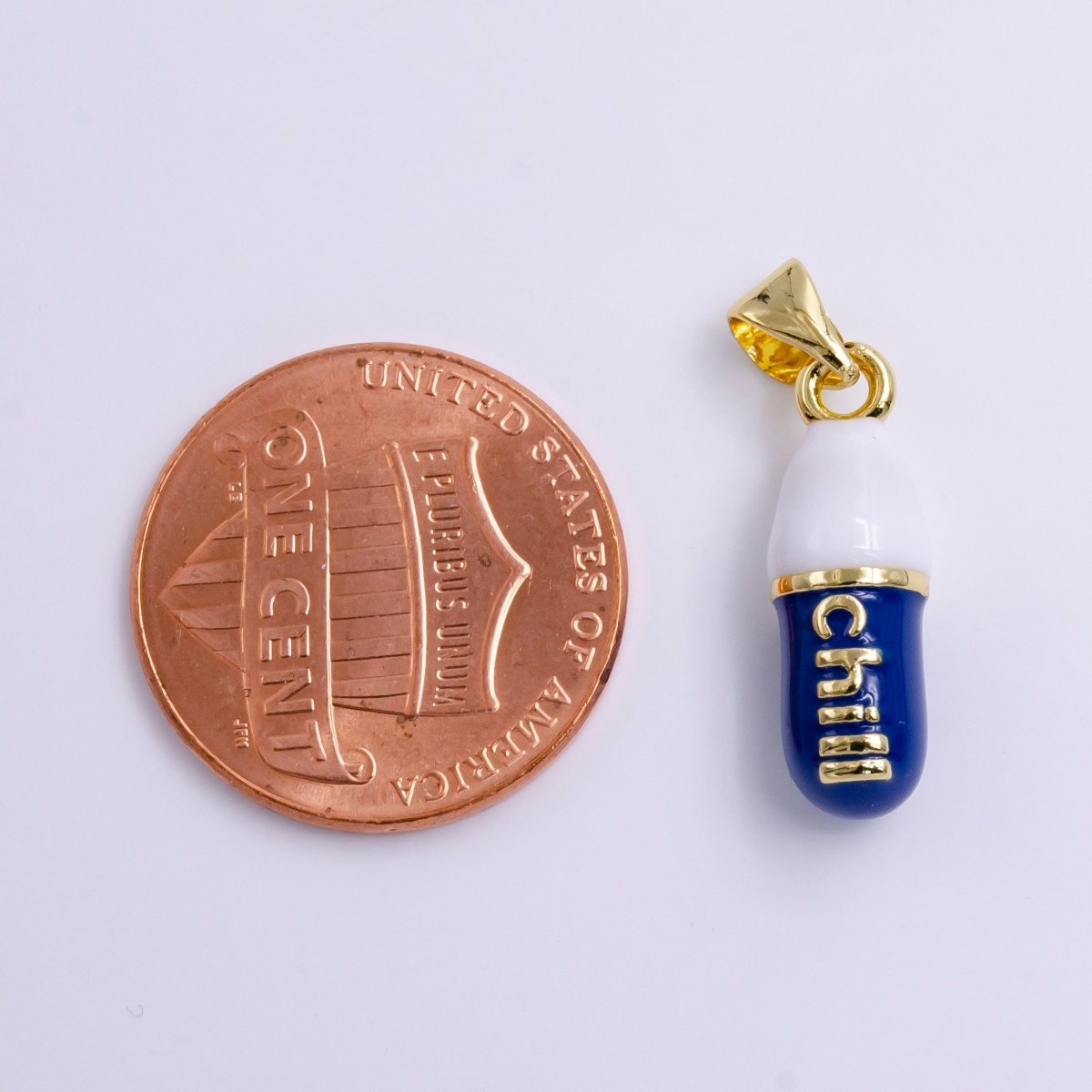 14K Gold "Chill" Script Dark Blue Enamel Oblong Pill Pendant | AA777 - DLUXCA