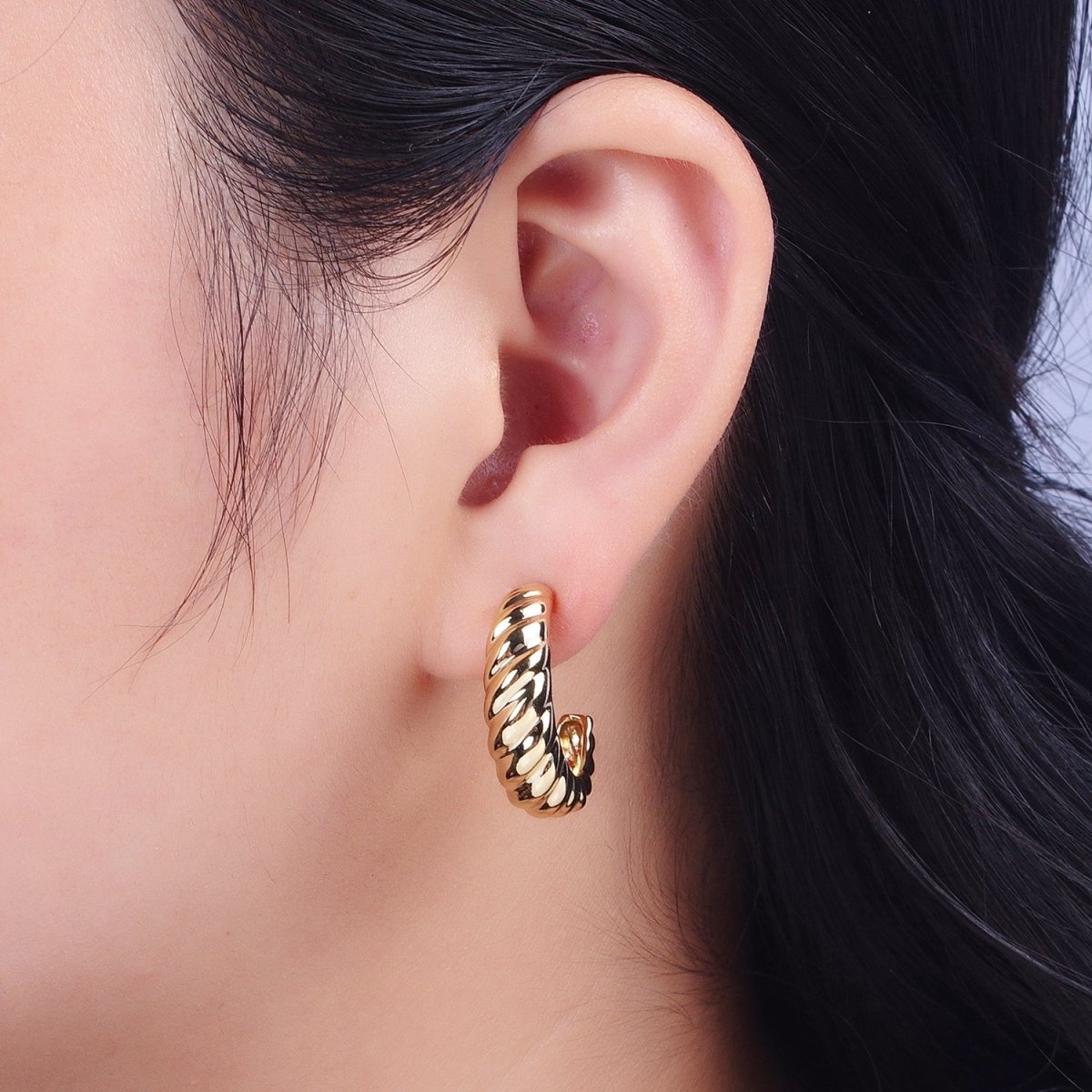 14K Gold Chunky Twisted Croissant C Shaped Hoop Studs Earrings | Y-046 - DLUXCA