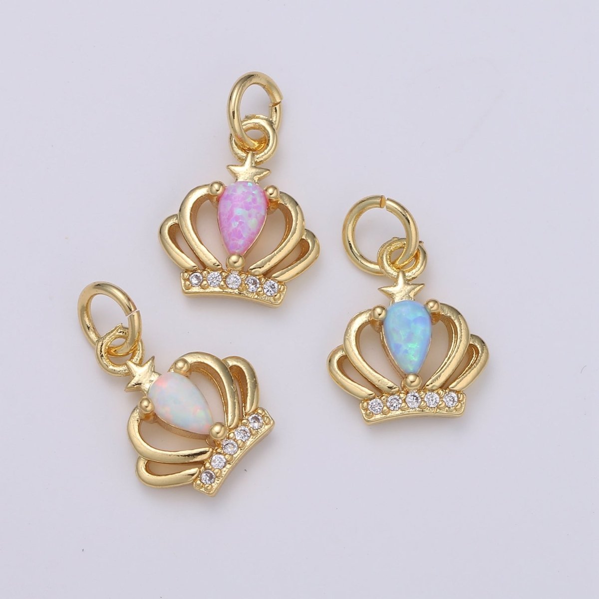 14K Gold Crown Opal CZ Pendant Charm, Micro Pave Charm, White, Blue, Pink Tiara E-029 - E-031 - DLUXCA