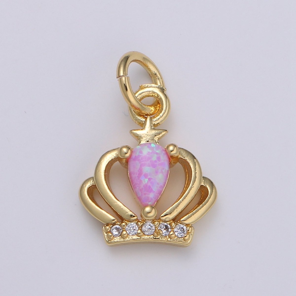 14K Gold Crown Opal CZ Pendant Charm, Micro Pave Charm, White, Blue, Pink Tiara E-029 - E-031 - DLUXCA