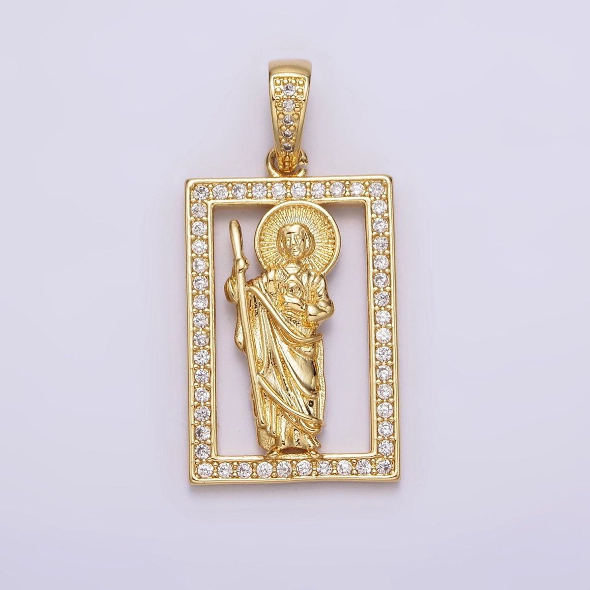 14K Gold Filed Religious Saint Jude Open Rectangular Clear Micro Paved CZ Bail Pendant | AA637 - DLUXCA
