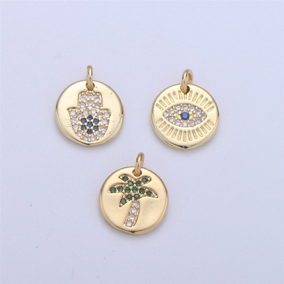 14k Gold fill Hamsa Hand, Evil Eye Coin Charm Diamond CZ 11mm Blue CZ Drop Charm Cubic Protector Pendant Tiny Lucky Dainty Necklace Bracelet C-837 C-838 - DLUXCA