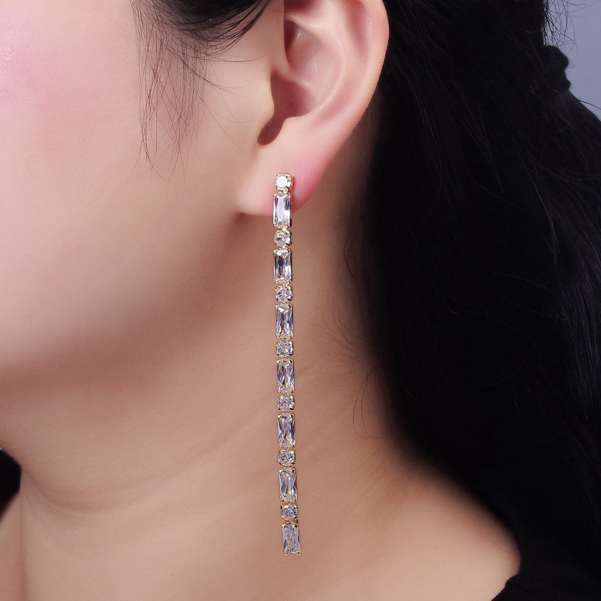 14K Gold Filled 100mm Baguette Round CZ Drop Stud Earrings in Gold & Silver | AE501 AE502 - DLUXCA