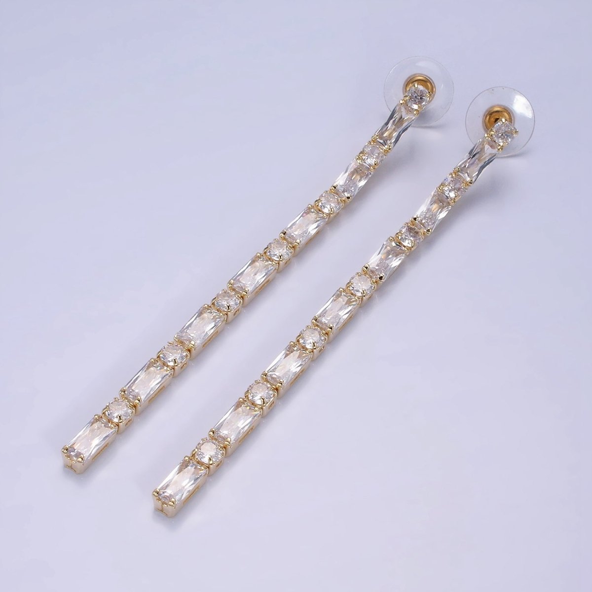 14K Gold Filled 100mm Baguette Round CZ Drop Stud Earrings in Gold & Silver | AE501 AE502 - DLUXCA