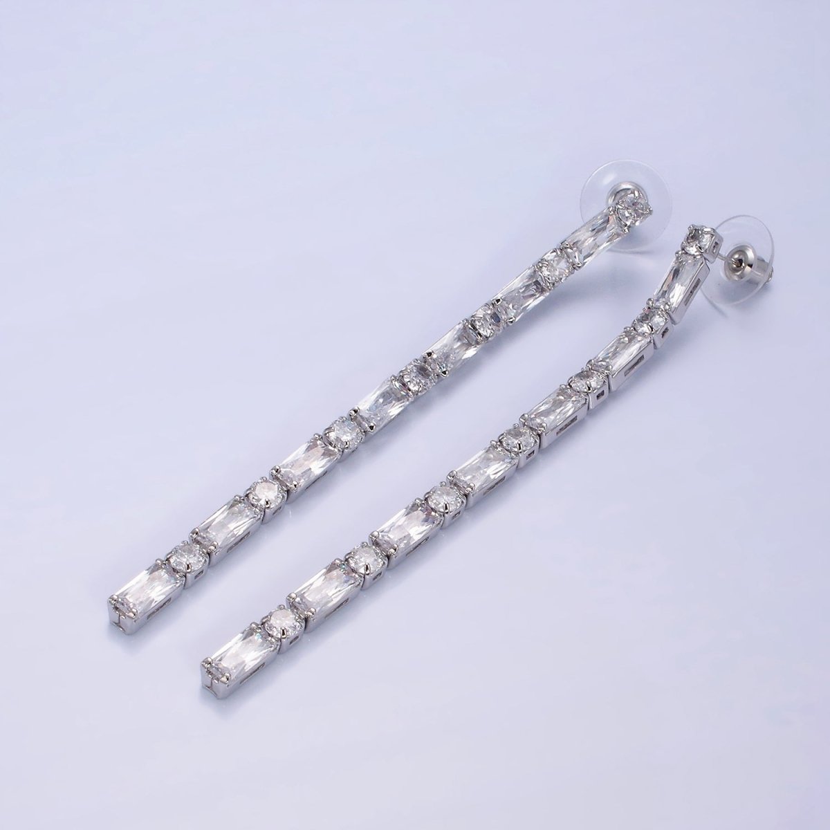 14K Gold Filled 100mm Baguette Round CZ Drop Stud Earrings in Gold & Silver | AE501 AE502 - DLUXCA