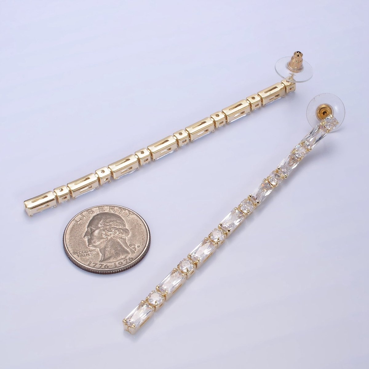 14K Gold Filled 100mm Baguette Round CZ Drop Stud Earrings in Gold & Silver | AE501 AE502 - DLUXCA