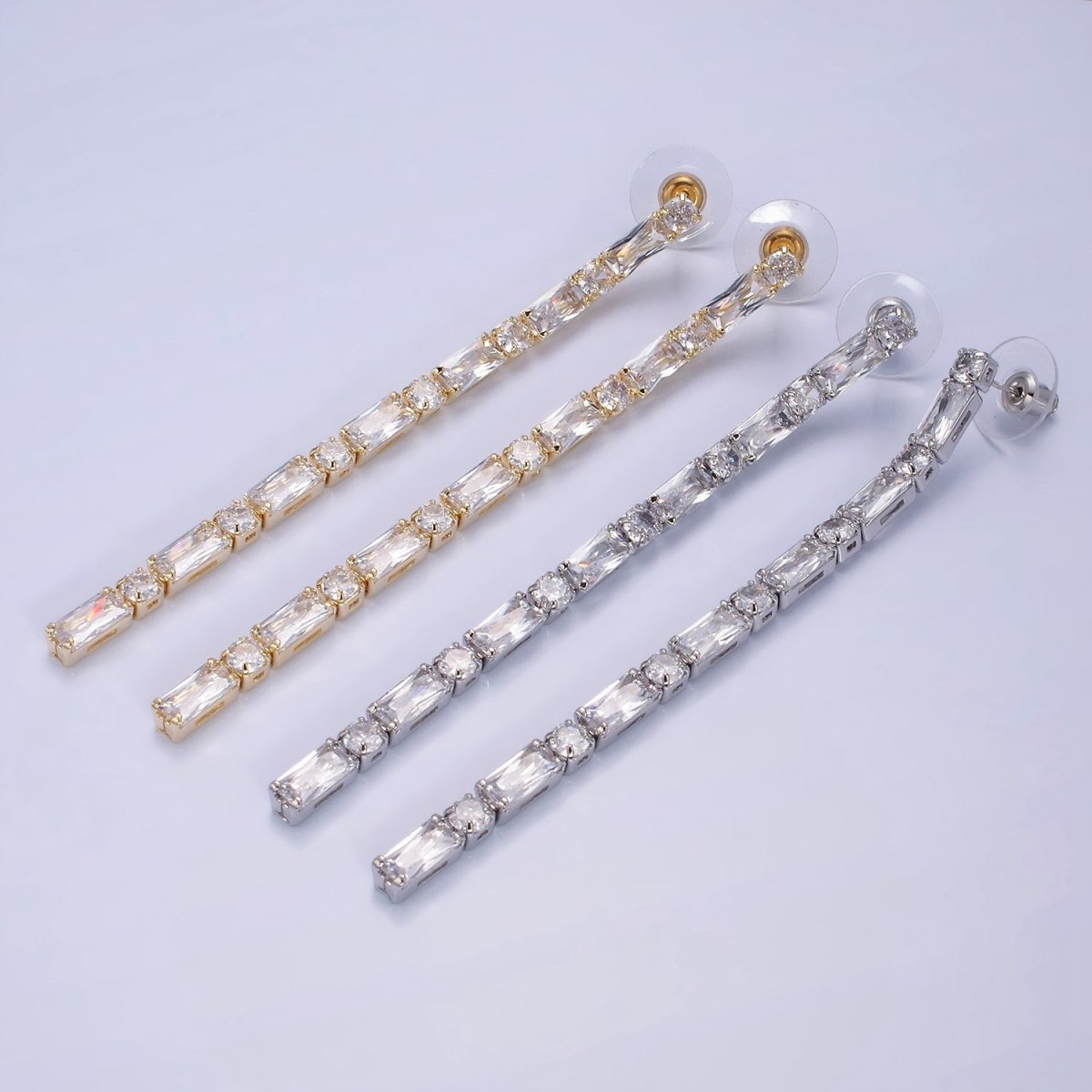 14K Gold Filled 100mm Baguette Round CZ Drop Stud Earrings in Gold & Silver | AE501 AE502 - DLUXCA