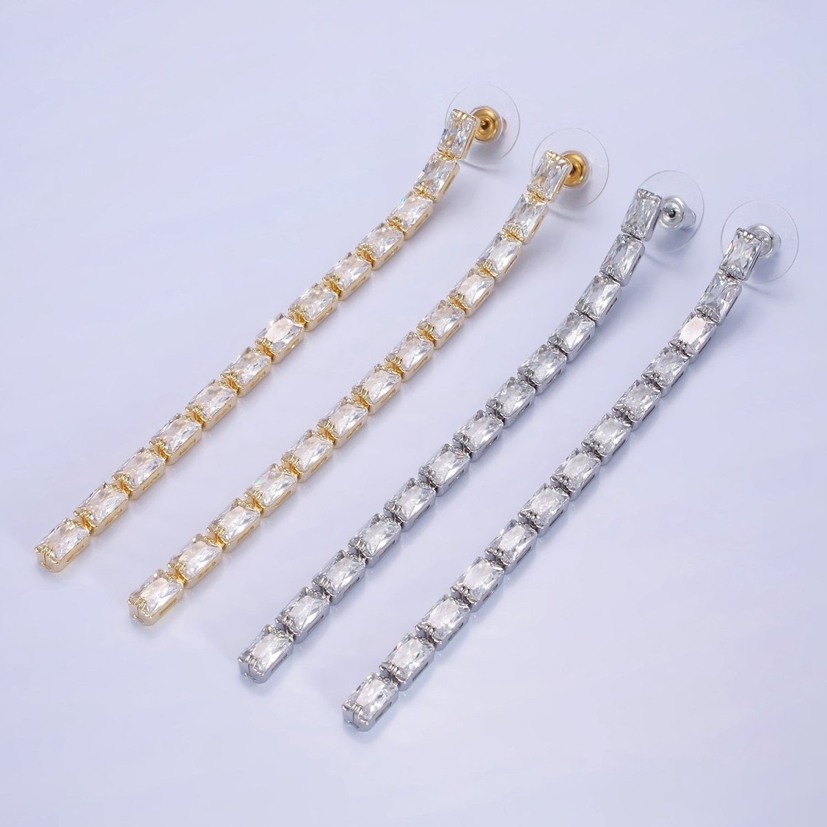 14K Gold Filled 100mm Clear Baguette CZ Drop Stud Earrings in Gold & Silver | AE497 AE498 - DLUXCA