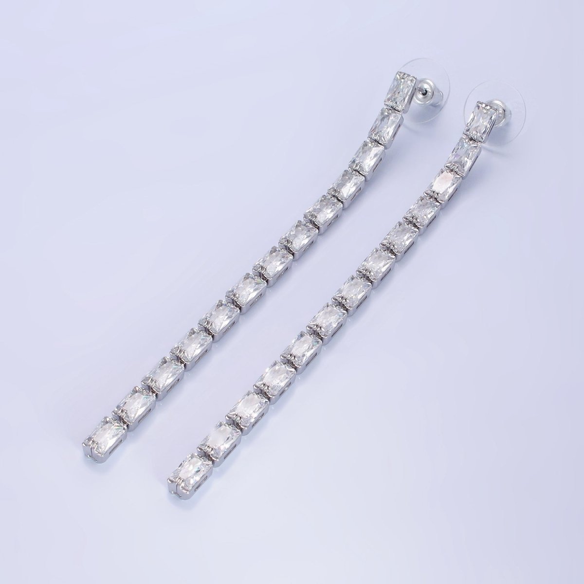 14K Gold Filled 100mm Clear Baguette CZ Drop Stud Earrings in Gold & Silver | AE497 AE498 - DLUXCA