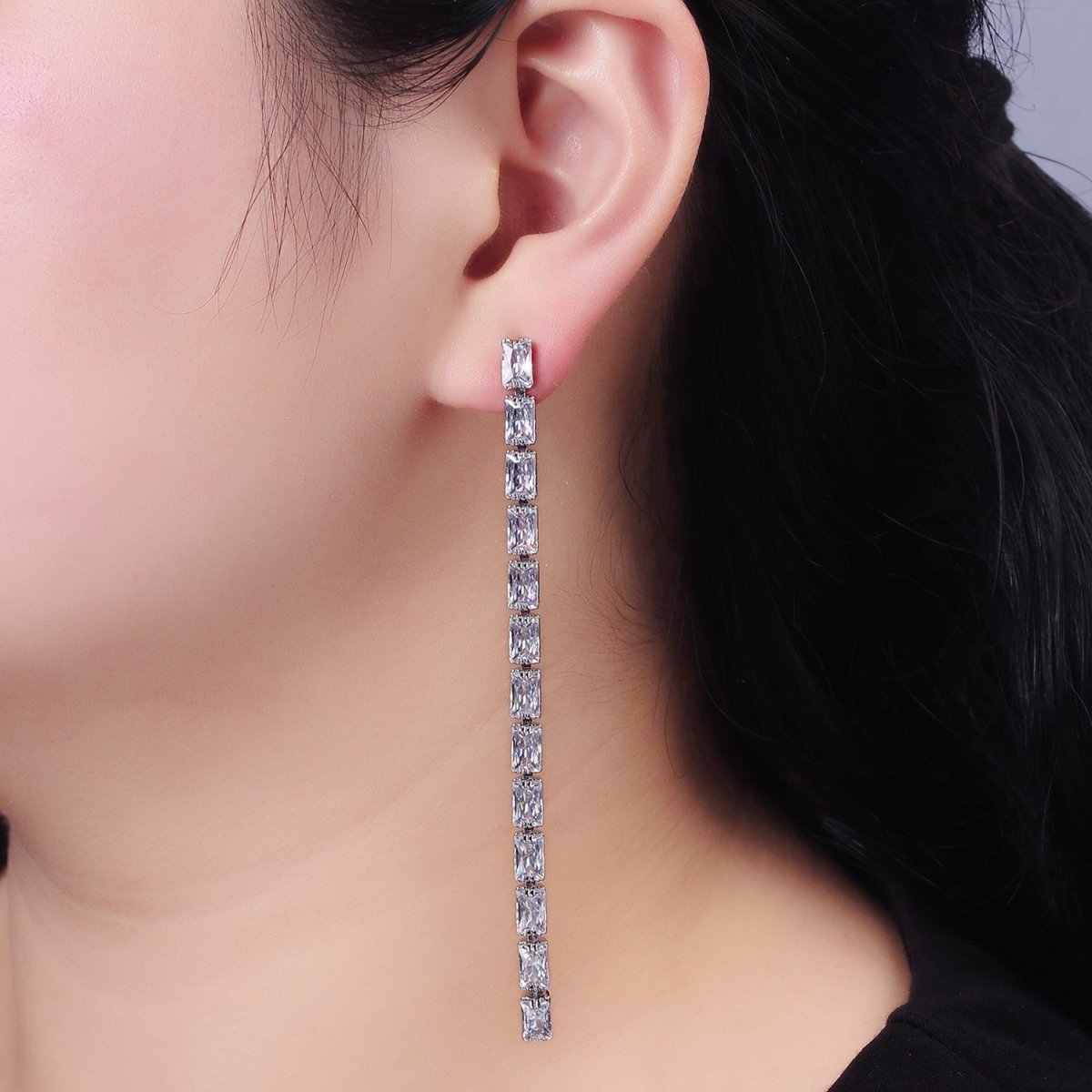 14K Gold Filled 100mm Clear Baguette CZ Drop Stud Earrings in Gold & Silver | AE497 AE498 - DLUXCA