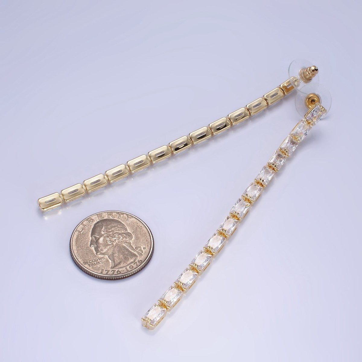 14K Gold Filled 100mm Clear Baguette CZ Drop Stud Earrings in Gold & Silver | AE497 AE498 - DLUXCA